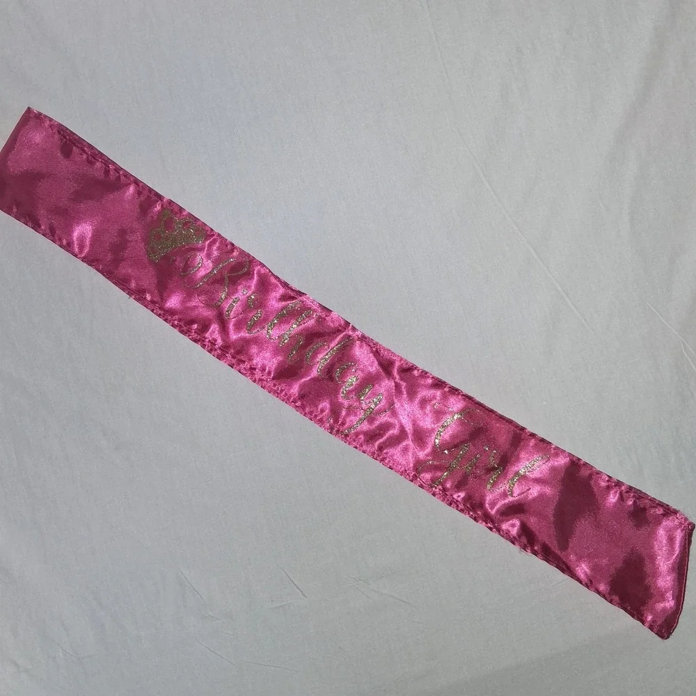 Hot Pink Satin Birthday Girl Sash Gold Glitter Script Crown Party Accessory - Picture 2 of 5